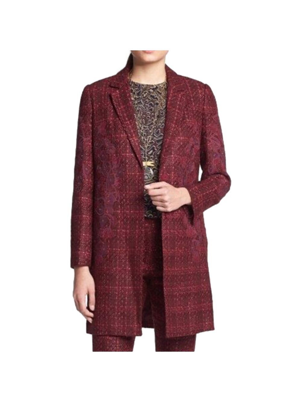 Tory Burch Patsy Glazed Tweed dark plum long line coat Size 2 appliqué embellish